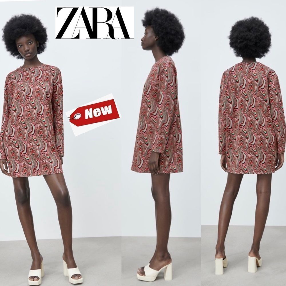 ZARA multicoloured jacquard long sleeve round neck mini dress Sz M NWT